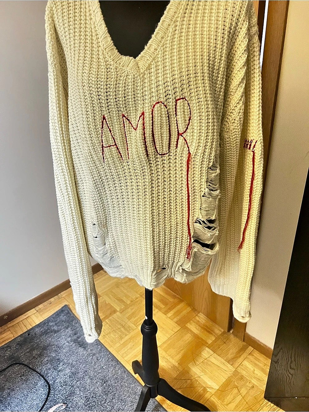 peace love world Destructed Affirmation V-Neck Sweater - AMOR V-Neck Sweater